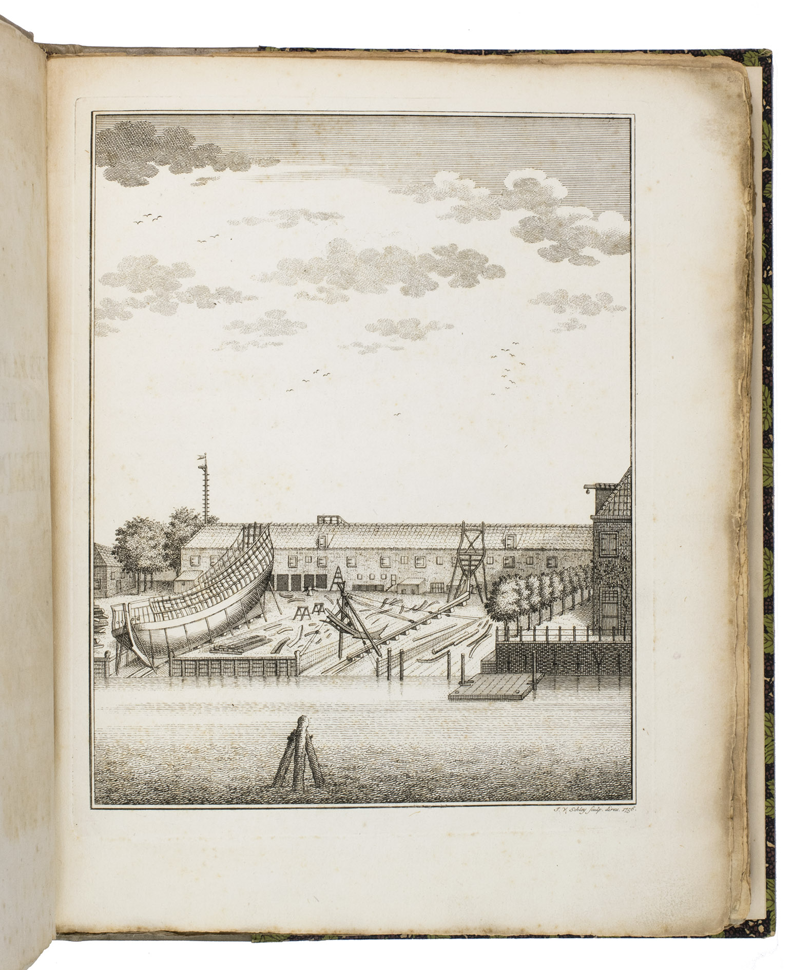 ZWIJNDREGT (ZWYNDREGT), Leendert van. - Verhandeling van den Hollandschen scheepsbouw, raakende de verschillende chartres der oorlogsschepen, tot 's lands dienst, en ter betrachtinge van alle bespiegelende en werkdadige liefhebberen der Hollandsche scheepsbouwkunde,  Waarby, tot een aanhangsel, gevoegd is eene verhandeling van't bouwen der koopvaardyschepen door C. de Ruiter.The Hague, Pieter van Thol, 1759. 4to. With engraved frontispiece view of a shipyard, title-page printed in red and black with charming woodcut device, the dedication with an armorial headpiece giving the arms of the dedicatee (Unico Wilhelm van Wassenaer) and 8 engraved folding plates, including one very large (83 x 30 cm), showing the most important parts of a Dutch galleon with 50 cannons. 20th-century half vellum.