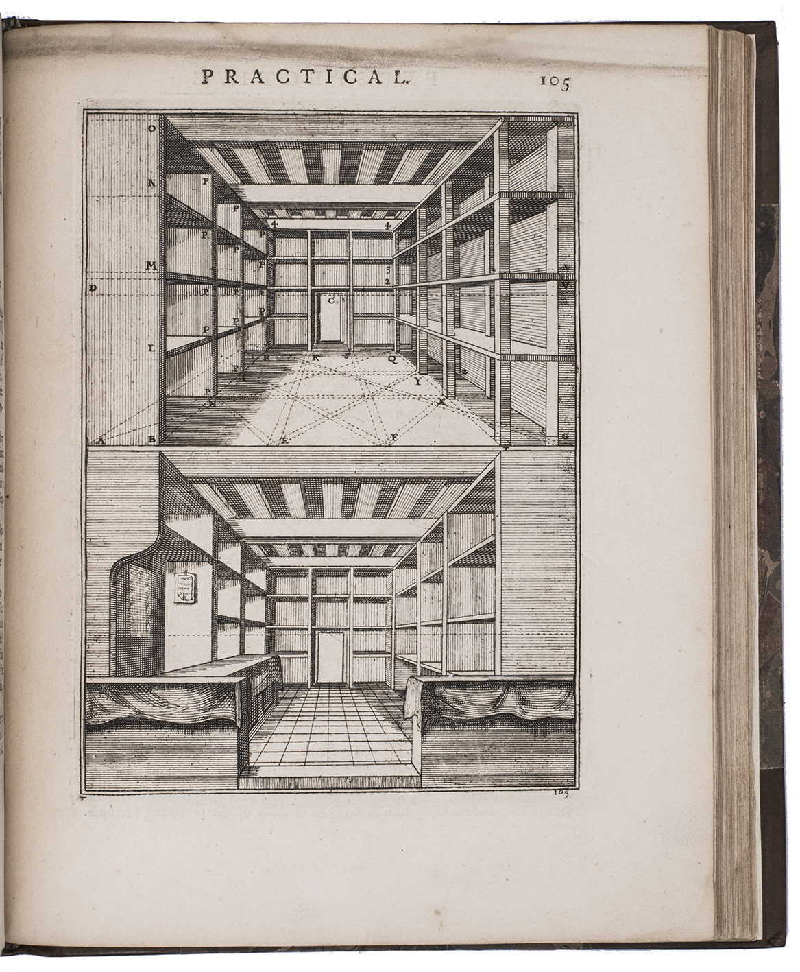[DUBREUIL, Jean]. - The practice of perspective: or, an easy method of representing natural objects according to the rules of art. ... The third edition.London, Thomas and John Bowles, 1749. 4to. With 2 folding engraved plates and 150 numbered full-page engravings on integral leaves. Half calf (ca. 1985), gold-tooled spine.