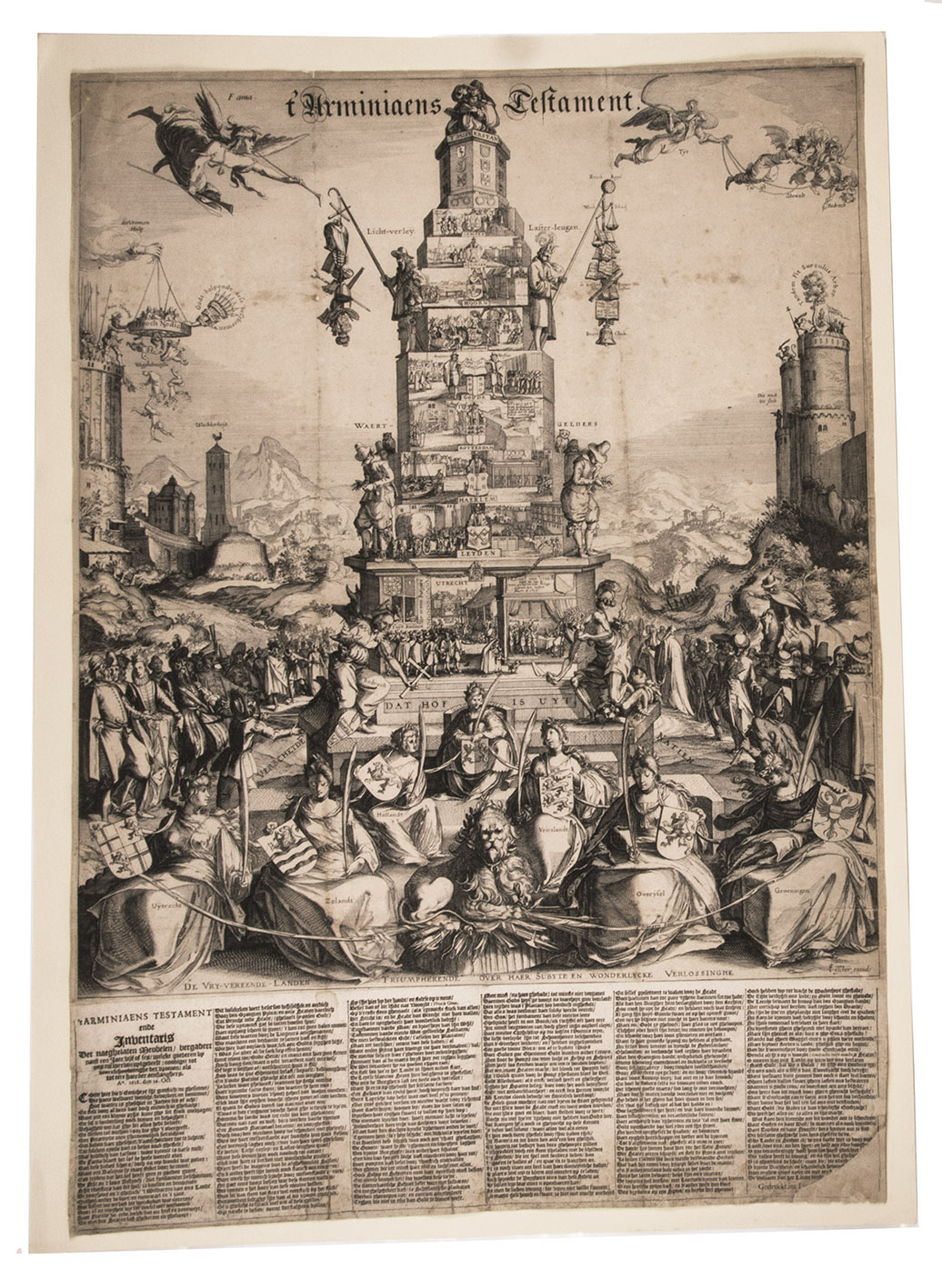 VISSCHER, Claes Jansz. [and Simon FRISIUS]. - t' Arminiaens testament.[Amsterdam, Claes Jansz. Visscher, 1618]. Large 1mo broadsheet (66.5 x 46.5 cm), with engraved illustration (53 x 45.5 cm) at the head (with Visscher's name in the plate at lower right) and a letterpress verse text below.
