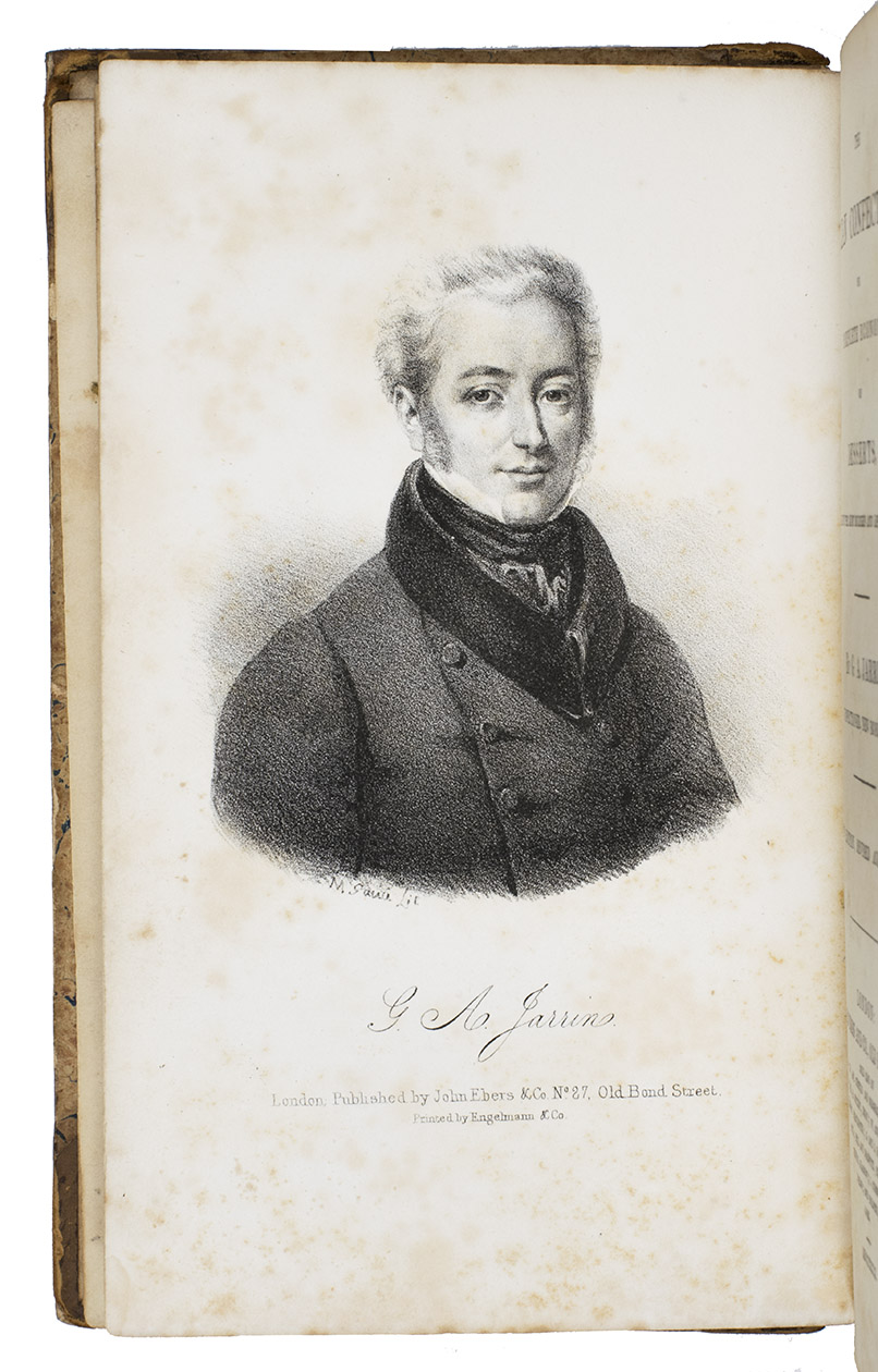 JARRIN, Guillermo A. - The Italian confectioner; or complete economy of desserts, according to the most modern and approved practice.  New edition, revised and enlarged.London, John Ebers & Co. (back of title-page: printed by William Clowes), 1829. 12mo. With lithographed frontispiece and 2 folding engraved plates. Contemporary half calf.