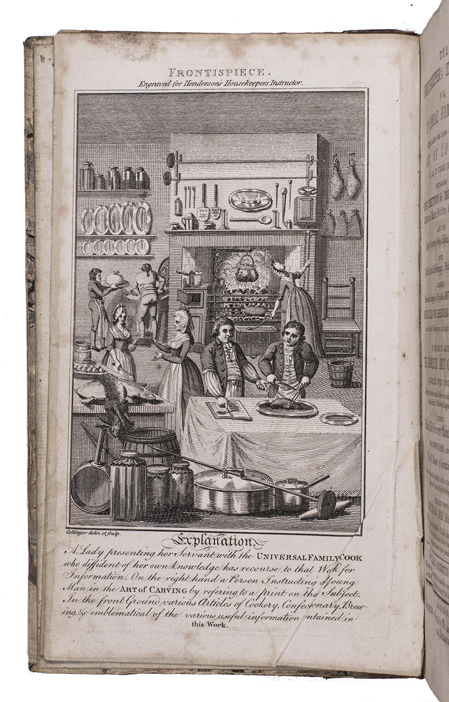 HENDERSON, William Augustus. - The housekeepers instructor; or, universal family cook. Being an ample and clear display of the art of cookery in all its various branches ... Likewise the making and keeping to perfection British wines, and proper rules for brewing malt liquor.  To which is added the complete art of carving.London, W. & J. Stratford, [ca 1790?]. 8vo. With an engraved frontispiece and 11 engraved plates (2 folding), mostly showing carving techniques or how to arrange the dishes on the table during suppers. Contemporary half calf, marbled paper sides, red morocco spine label.