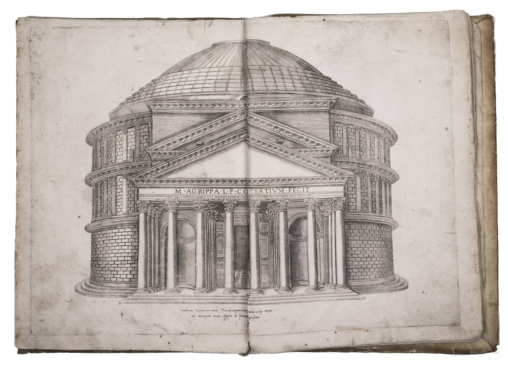 VREDEMAN DE VRIES, Jan (Hans), Antonio LABACCO, Giacomo Barozzio da VIGNOLA and others. - [Collection of architectural and decoration prints including fortification plans, garden plans and architectural decoration].Antwerp, Venice, Rome, various publishers, [engraved] 1561-1585, [printed 1580-ca. 1600]. Large folio & small 1mo (38.5 x 27 cm). Collection of 4 separately published prints (3 large full-sheet & 1 small full-sheet), plus 67 prints from 9 series (including 3 double-page prints and a 1-sheet plan of classical Roman ports printed from 2 copperplates). Contemporary or near contemporary limp sheepskin parchment (ca. 1600?).