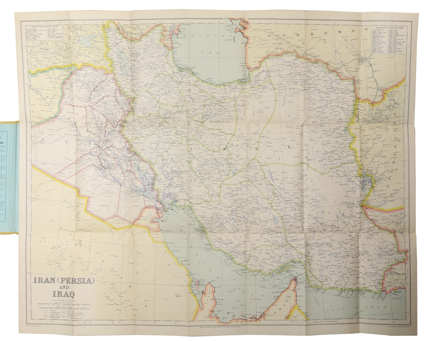 [MAP - IRAN - IRAQ]. PHILIP & SON. - Iran (Persia) and Iraq.London, George Philip & sons, [1930s]. Colour printed map, 54 x 68 cm, with yellow covers (19.5 x 11 cm).