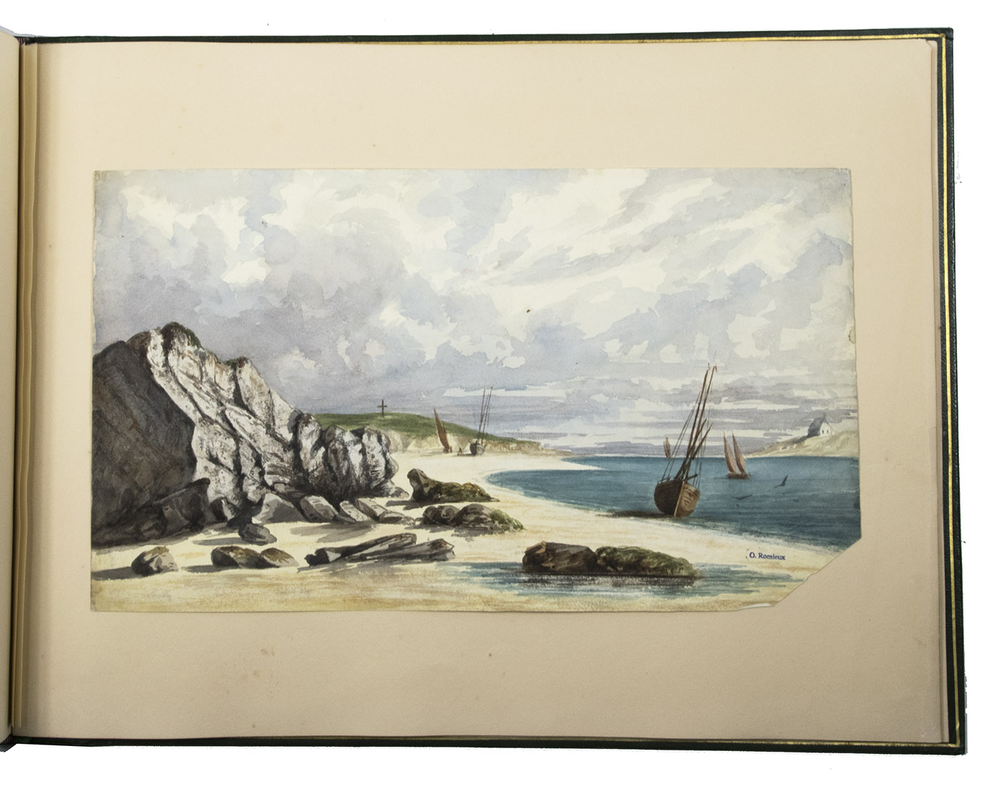 ROMIEUX, Osmond. - [Watercolour views of sea-coasts in New Caledonia and Peru].[New Caledonia & Peru], [1855/60?]. Album: full-sheet leaves (oblong 1mo) (39.5  52.5); drawings: oblong folio and oblong 4to. An album with 21 watercolour drawings on paper with views of sea coasts from the shore (24  31 cm to 29.5  46.5 cm), one with a 22nd watercolour drawing on the back with a similar view, and one with about 15 human figure drawings in graphite pencil on the back. All bear the artists stamp on the front (Lugt 3703) and 4 are signed or initialled by the artist. Richly gold- and blind-tooled green goatskin morocco, white watered silk endleaves.