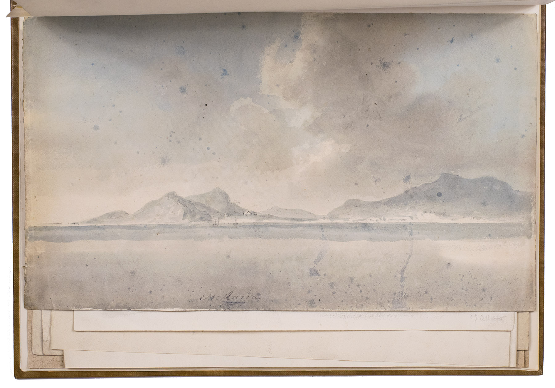 POCOCK, Nicholas. - East India views islands headlands &c.[London, ca. 1790?- ca. 1805]. Ten watercolour coastal profiles in grey and blue, of widely varying sizes (30 to 119 cm long), with contemporary captions and other notes in pencil or black ink. 20th-century brown cloth with the artist's original laid-paper wrappers bound at the end.
