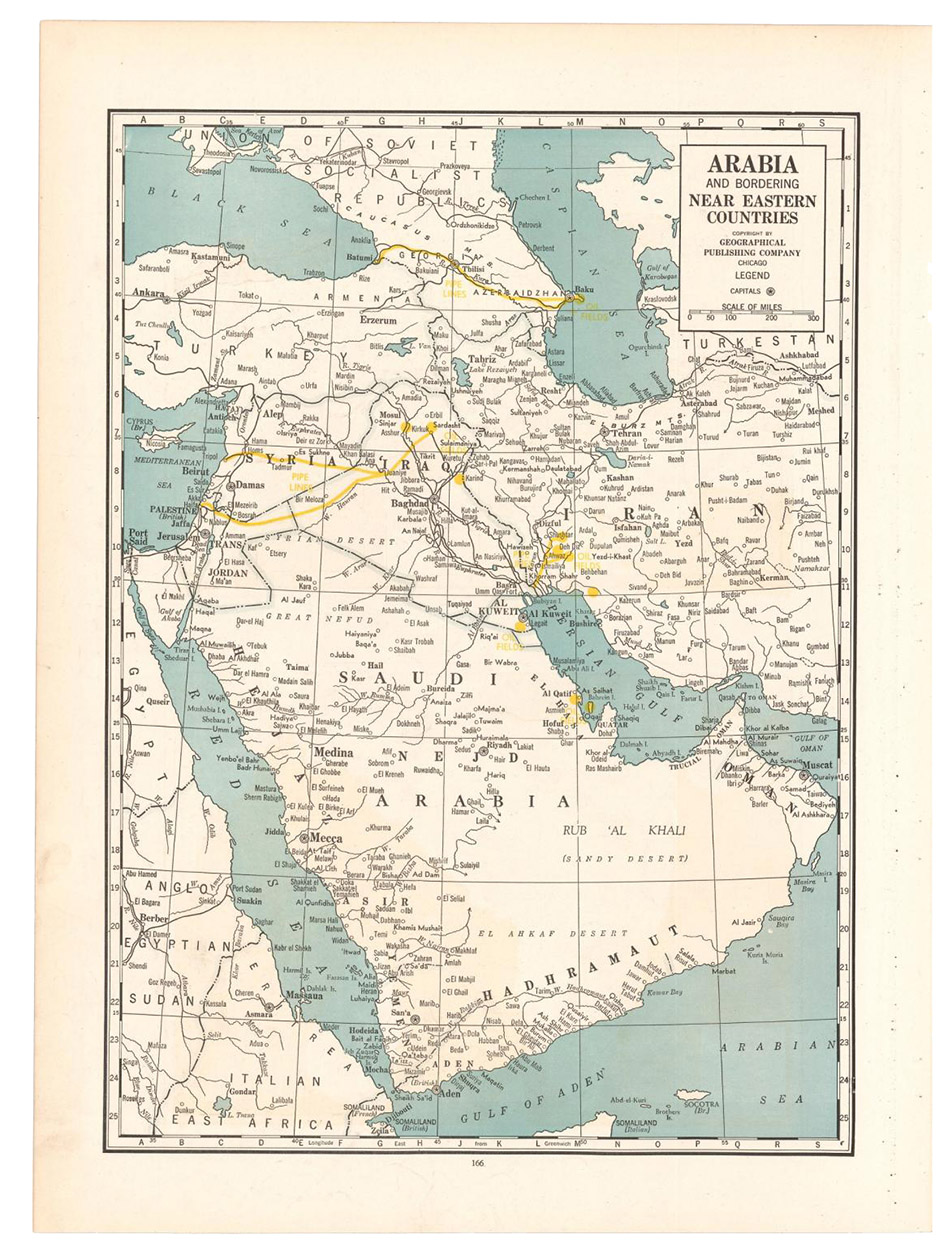 [MAP - MIDDLE EAST]. Geographical Publishing Company. - Arabia and near bordering countries.Including:- Palestine- Iran (Persia) and surrounding territoryChicago, Geographical publishing company, [ca. 1936-1941]. Colour printed map, 54 x 40 cm.