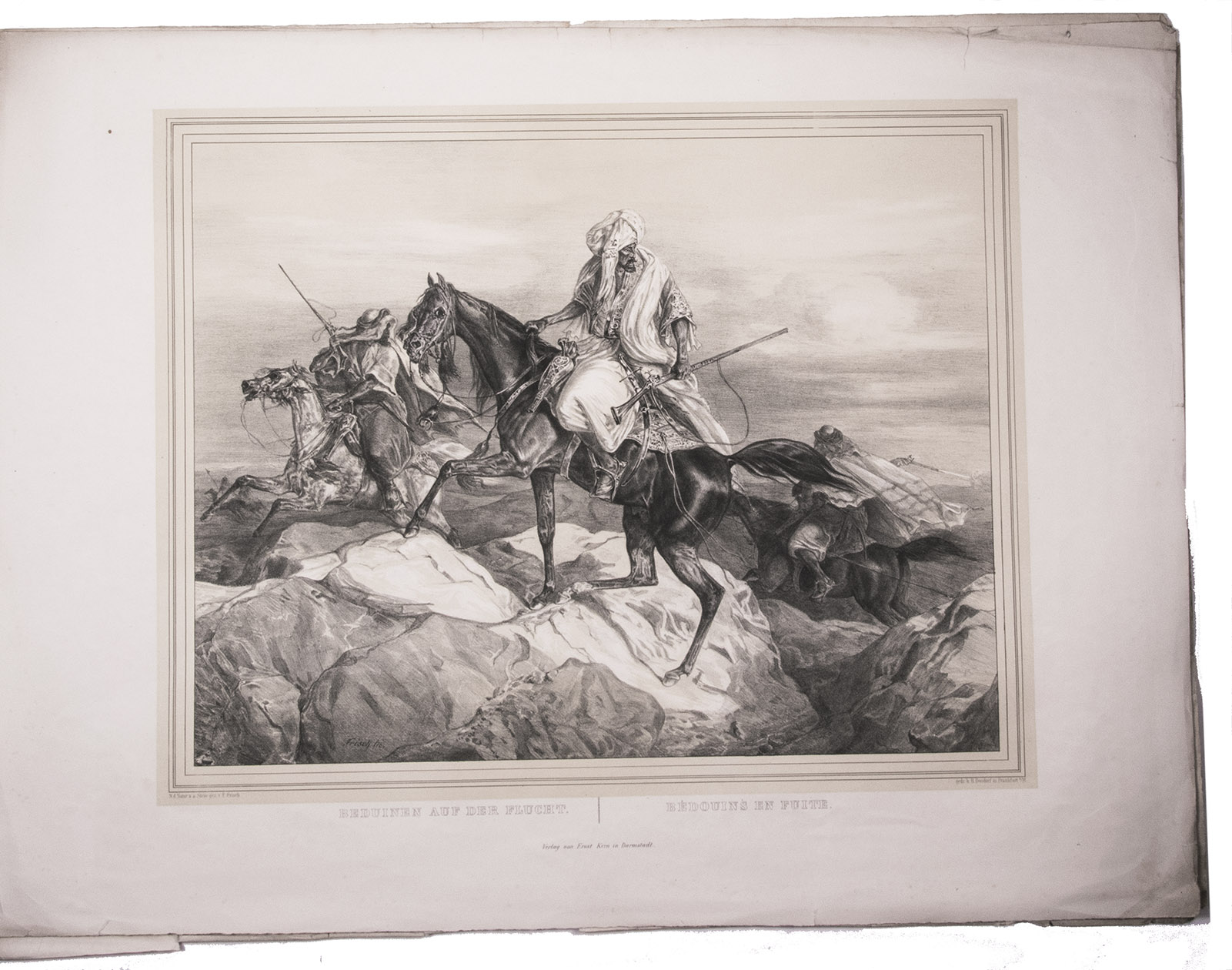 FRISCH, Friedrich. - Skizzen aus dem Orient, gesammelt in den Jahren 1840 und 1841. | Esquisses de l'Orient, recueillies dans les annes 1840 et 1841.Darmstadt, Ernst Kern; Paris, H. Gache, 1843. Oblong 1mo (48 x 63.5 cm). With 6 tinted lithographed plates by Frisch, with captions in German and French below. The first three in the deluxe issue printed by B. Dondorf, Frankfurt am Main, the last three in the regular issue printed by G. Kstner. Original publisher's letterpress printed wrappers, with a list of subscribers and advertisements on the back of the front wrapper.