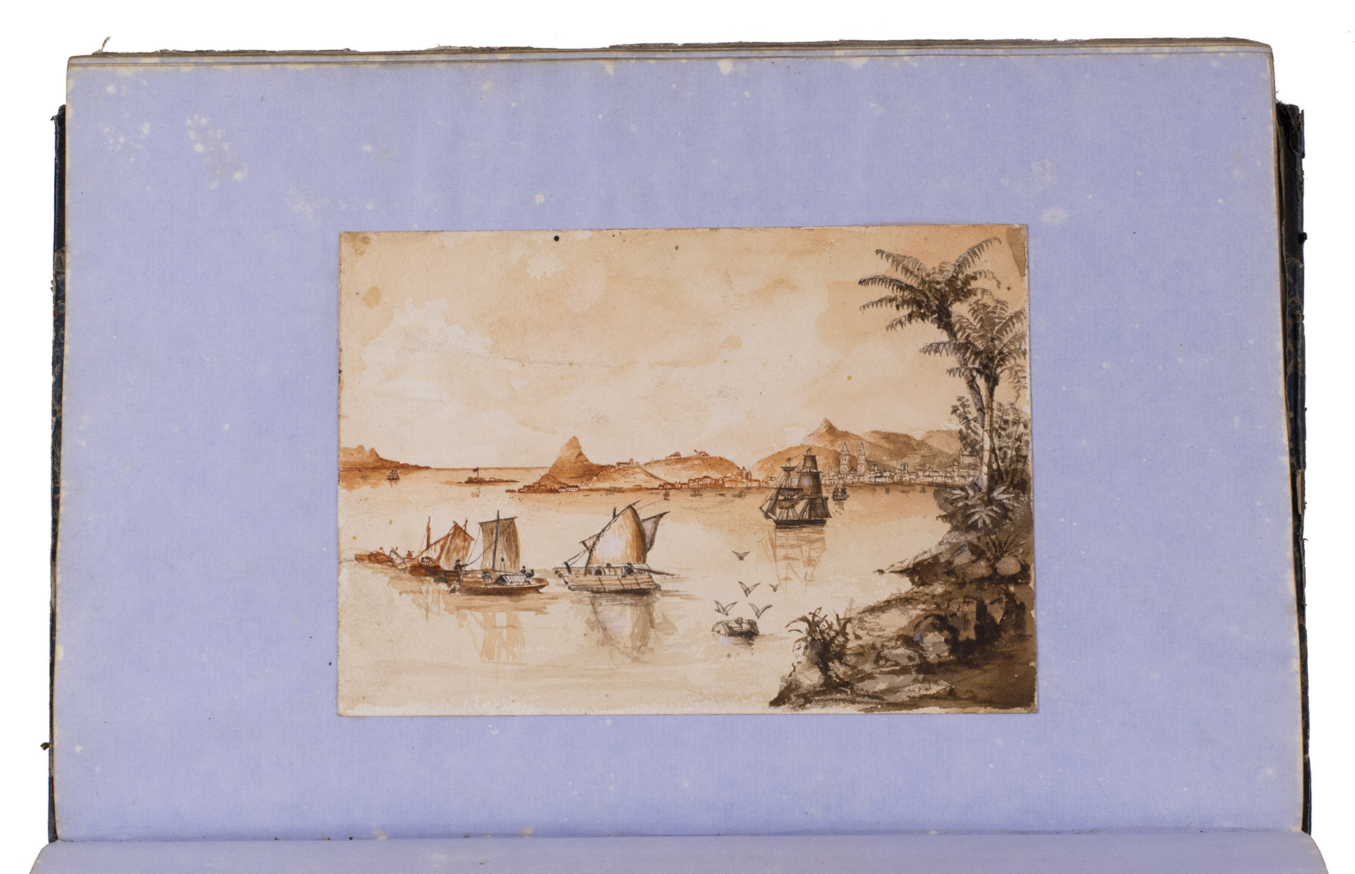 SNEYD-KYNNERSLEY, Thomas Alfred. - Log of H.M.S. Cumberland [commanded by] Captain J.B. Dickson bearing the flag of Rear Admiral Provo W.P. Wallis,  commencing 5th April 1857, ending 30th April 1858.With:(2) SNEYD-KYNNERSLEY, Thomas Alfred. Log of H.M.S. Siren . 16 guns, commanded from May 1st to May 8th 1858 by Captain J.H. Selwyn, from May 9th 1858 to [27th July 1858] by Com[ande]r G.M. Balfour.(3) SNEYD-KYNNERSLEY, Thomas Alfred. Journal of T.A. Sneyd Kynnersley acting mate H.M.S. Siren, 16 [guns], commencing July 28 1858, ending [11 April 1860].[In the Atlantic, along the European, African and especially the South American coasts, 1857-1860]. Small folio (32 x 20.5 cm). Three English manuscript ships' logs written in a single album in black ink on laid paper with a blue cast, with 3 hand-lettered title-pages, 2 sea charts showing the routes and 8 colour views (in watercolour, coloured pencil and sepia and black ink, mostly ships on the South American coast, but also camps) are drawn on 9 separate leaves, and 6 sea charts showing the routes and about 15 views drawn directly on the album leaves, mostly in black ink, but including a colour plan of one of the ships. Contemporary black half sheepskin.