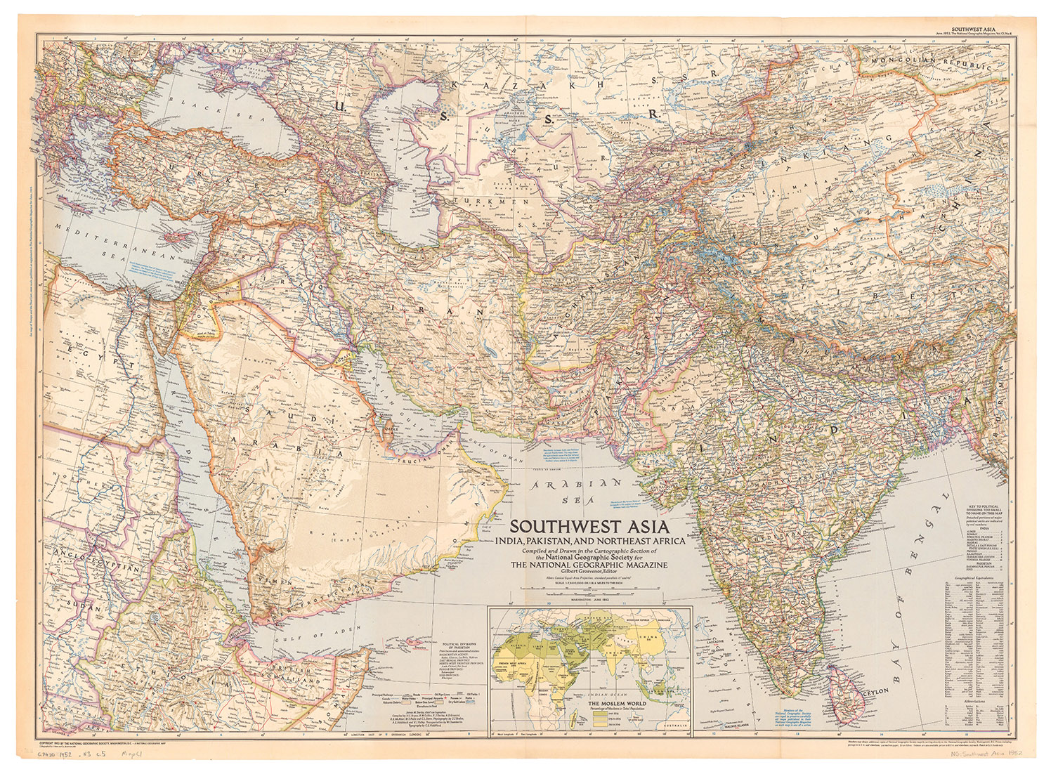 [MAP  ASIA  MIDDLE EAST]. NATIONAL GEOGRAPHIC SOCIETY. - Southwest Asia, India, Pakistan, and Northeast Africa.Washington, DC, National Geographic Society, 1952. Colour printed map, 68.5 x 95 cm. Scale 1:7,5000,000. With an inset map of 