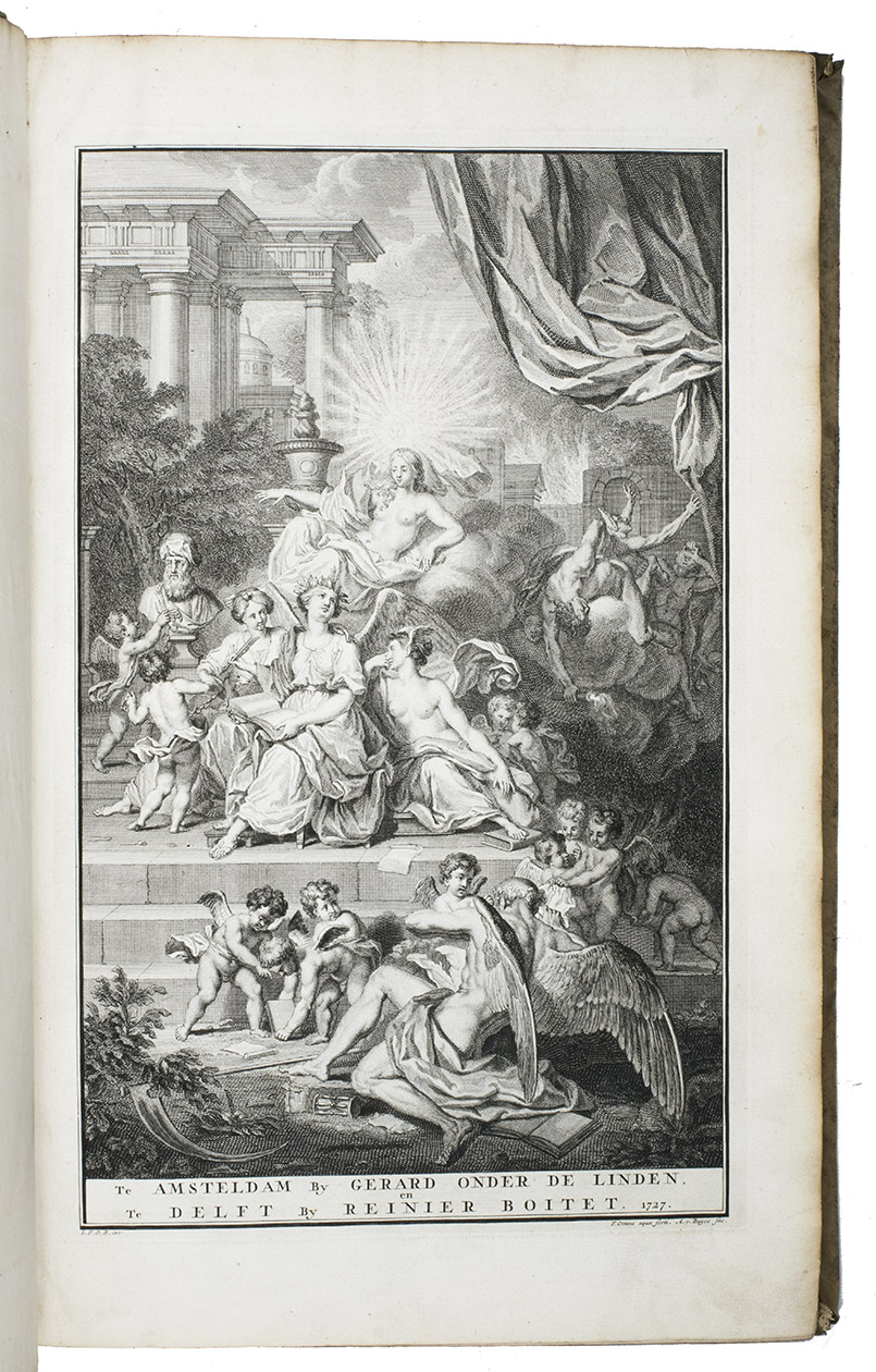 BASNAGE, Josephus. - Vervolg op Flavius Josephus; of algemene historie der Joodsche naatsie, behelzende ene uitvoerige beschryving van derzelver regerings-vorm, godtsdienst, gezinten en plegtigheden, nevens de veranderingen, daar in voorgevallen: mitsgaders een verhaal van alle oorlogen, weergaloze rampen, wisselvalligheden, verstroojing door de gehele waerelt, ...Amsterdam, Gerard onder de Linden; Delft, Reinier Boitet, 1726-1727. 2 volumes. Large folio. With 5 full-page engravings (including the dedication, often lacking), 90 engravings in text and 4 letterpress tables (1 folding). Contemporary vellum.
