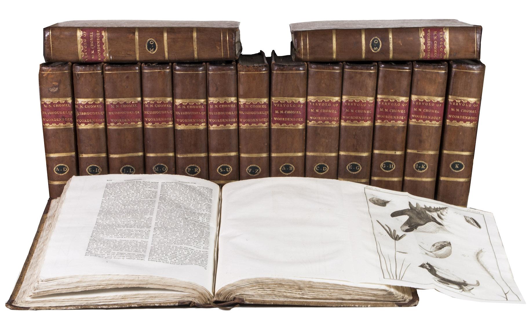 CHOMEL, Nol and Jacques Alexandre de CHALMOT. - Algemeen huishoudelijk-, natuur-, zedekundig- en konst- woordenboek, vervattende veele middelen om zijn goed te vermeerderen en zijne gezondheid te behouden...Leiden, Johannes Le Mair; Leeuwarden, Jacques Alexandre de Chalmot, 1778 (colophon: 1768-1777). 16 volumes. 4to. With an allegorical frontispiece in volume 1, and a total of 153 folding copper engravings in the 16 volumes, and a woodcut vignette at the end of volumes 1, 8-11, 13 and 15. With: CHALMOT, Jacques Alexandre de. Vervolg op M. Nol Chomel. Algemeen huishoudelyk-, natuur-, zedenkundig - en konst- woordenboek.Kampen, J. A. de Chalmot; Amsterdam, J. Yntema, 1786-1793.Contemporary uniform half calf and sprinkled paper sides.
