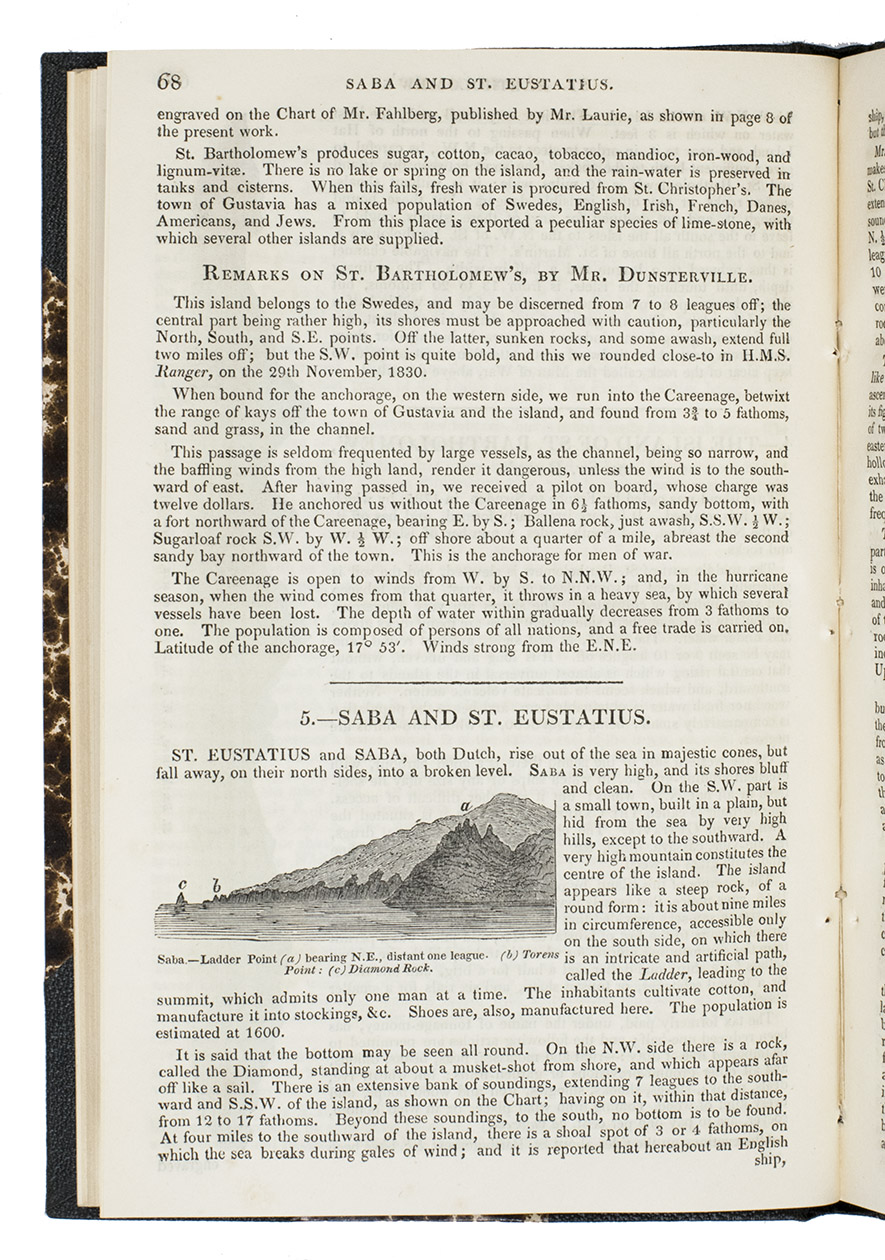 PURDY, John. - The new sailing directory for the Caribbee or West-India Islands, from Porto-Rico to Trinidad, inclusive: with the coasts of Guyana, from the Maranon to the Orinoco, the Colombian or Leeward Isles, from Margarita to Curazao, and the coast of Venezuela, from the Gulf of Paria to La Guayra. Including descriptions of the navigation described in the work, and equally adapted to the particular plans of all the principal harbours, by which the general chart is accompanied.London, printed [by J. Rider] for R.H. Laurie, chart-seller of the Admiralty, 1839. 8vo. With 12 steel-engraved coastal profiles. Contemporary half black cloth, marbled sides.