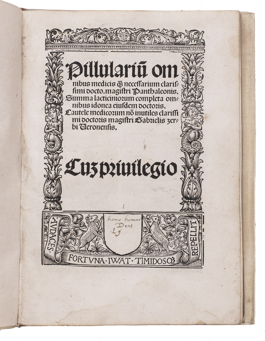 PANTALEONE DI CONFIENZA (CONFLUENTIA). - Pillularium omnibus medicis quam necessarium  Summa lacticiniorum completa omnibus idonea.Including: ZERBI, Gabriele. Cautele medicorum no[n] inutiles.(Colophon: Lyon, Antoine Blanchard [and Laurent Hyllaire], 7 January 1525[=1526]). Small 4to (20 x 14 cm). Title-page with a 4-piece woodcut border (using material from Laurent Hylaire). Modern limp sheepskin parchment.