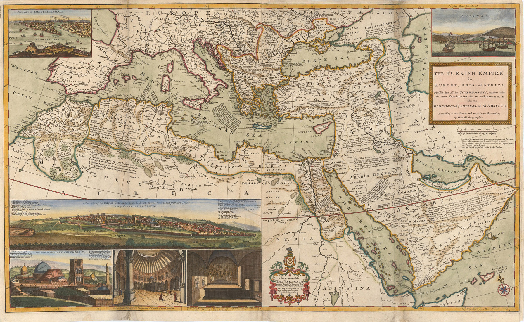MOLL, Herman. - The Turkish empire in Europe, Asia and Africa, divided into all its governments, together with the other territories that are tributary to it, as also the dominions of the Emperor of Marocco.London, Herman Moll, John Bowles, Thomas Bowles & John King, ca. 1730. A large engraved map in two sheets (61 x 101 cm as assembled) at a scale of about 1:7,100,000, with 3 insets containing 6 topographic and architectural views. Coloured.