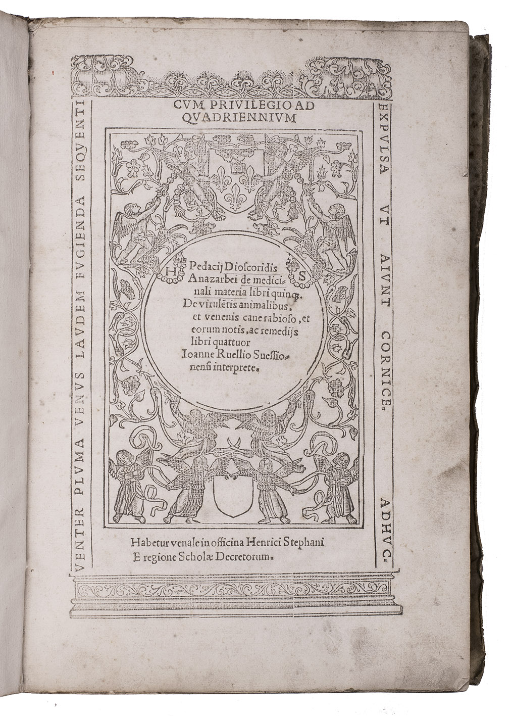 DIOSCORIDES, Pedanius. - De medicinali materia libri quinque. De virulentis animalibus, et venenis canerabioso, et eorum noti, ac remedijs libri quattuor.(Colophon: Paris, Henri Estienne, 1516). Folio. With the title within a decorative metalcut( ?) panel. Set in roman types. Contemporary limp sheepskin parchment; rebacked in calf, with new endpapers, but preserving the original paste-downs.