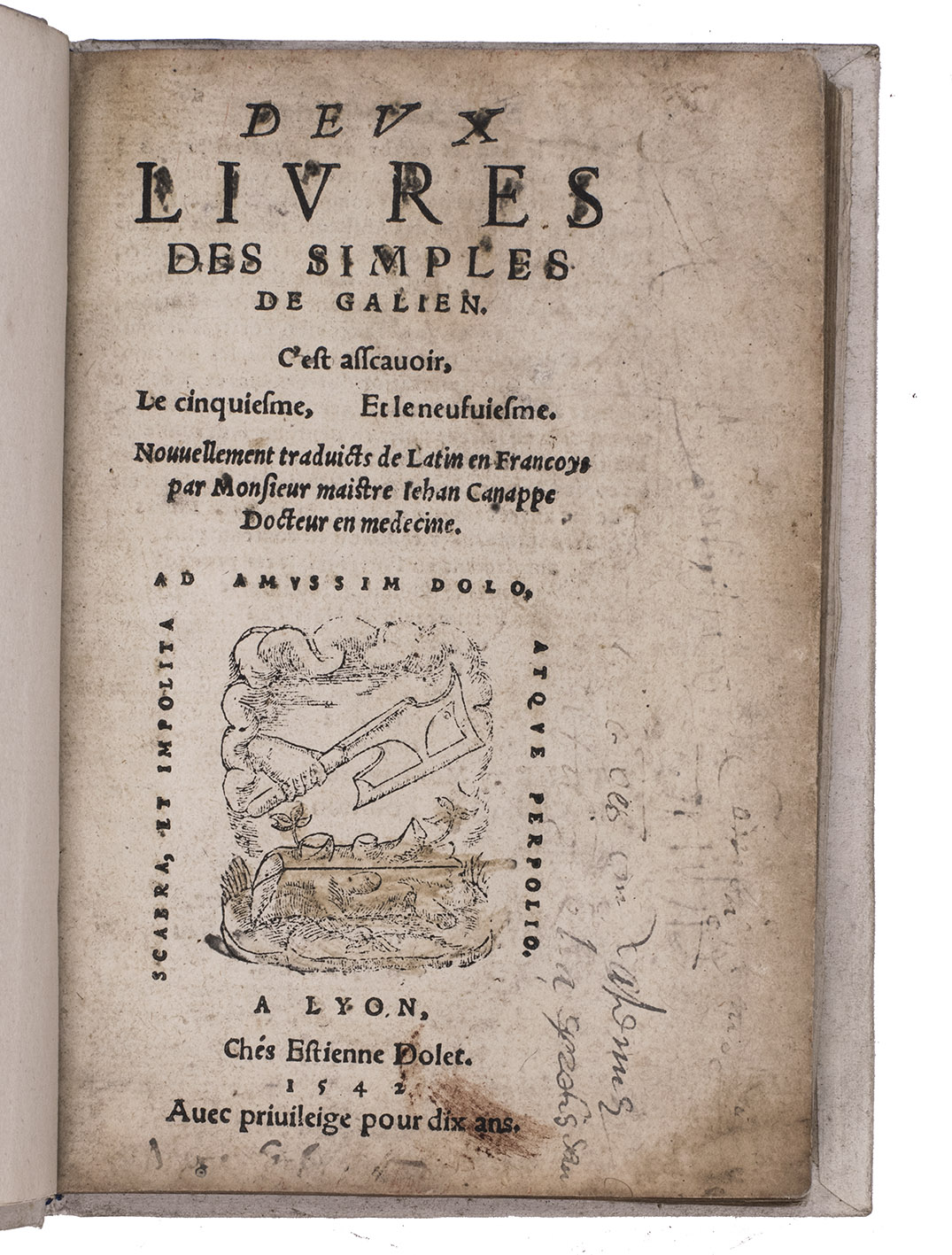GALENUS (GALEN), Claudius. - Deux livres des simples de Galien.Lyon, Etienne Dolet, 1542. 8vo. With a woodcut device on title-page and a larger version on the last page, both partly coloured by hand. Rubricated throughout. 19th-century vellum.