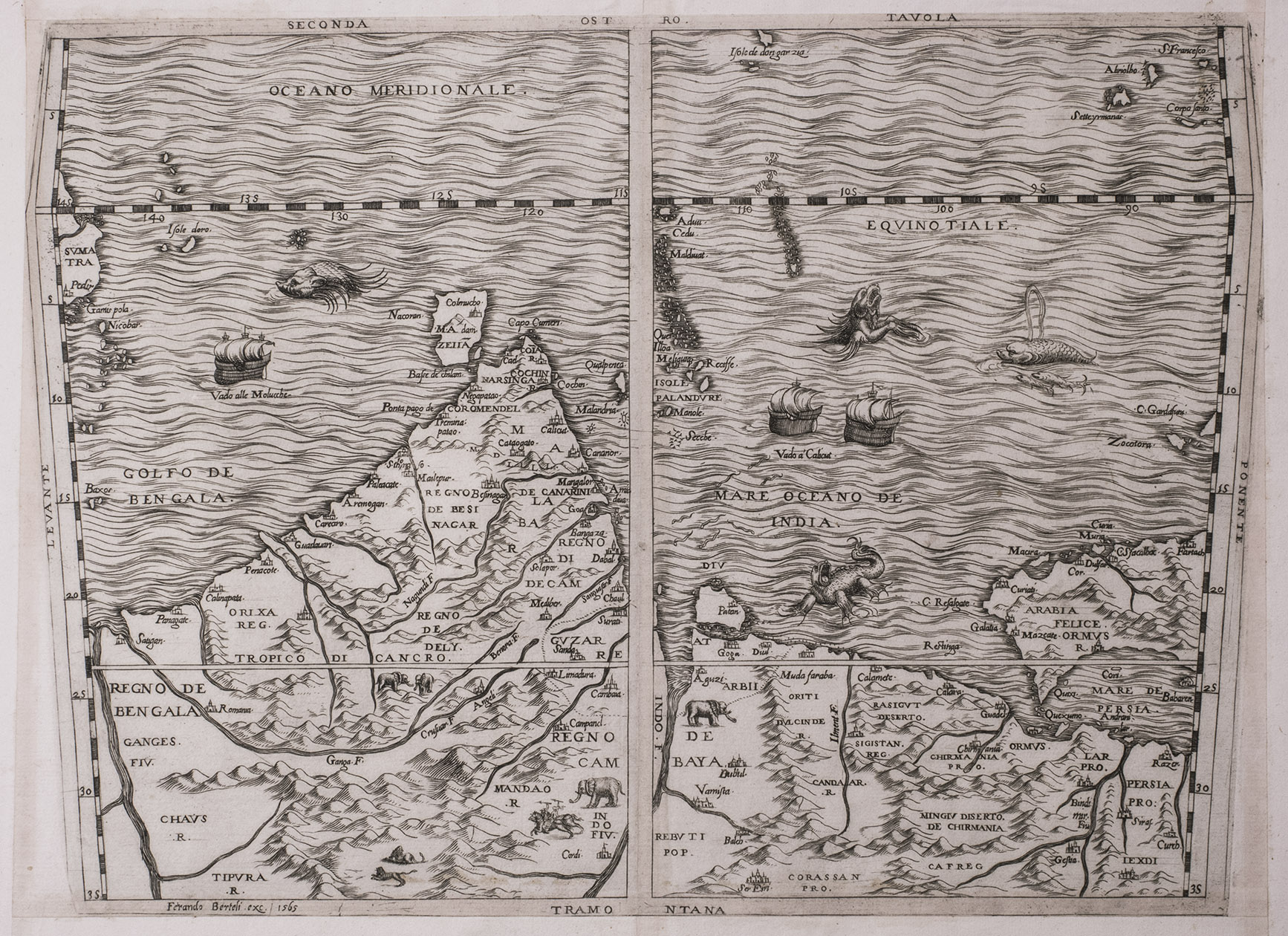[GASTALDI, Giacomo]. - Seconda tavola.[Venice], Ferrando Bertelli, 1565 [printed ca. 1570]. Engraved map of the Indian Ocean, Indian subcontinent and most of the Gulf region (28 x 39 cm; margins extended to 50 x 66.5 cm), at a scale of about 1:13,500,000 with north at the foot, with 3 sea monsters, a spouting whale and 3 ships in the ocean; and on the land elephants, lions and 2 people on horseback carrying spears. Although printed from a single copper plate, the present map image is divided into two parts, with a 7 mm gap between the right and left halves, so that nothing would be lost if the map were bound as a double-page plate.