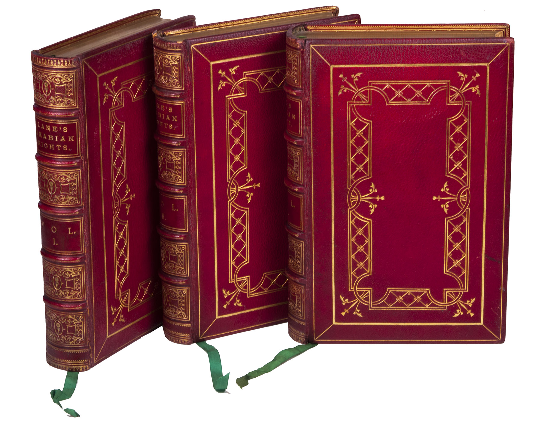[ARABIAN NIGHTS]. LANE, Edward William (translator). - The thousand and one nights, commonly called, in England, the Arabian nights entertainments.London, Charles Knight and Co. (back of title-page volume 1 & 3: William Clowes and sons; volume 2: Whitehead & Co.), 1840 (vol. 2)-1841 (vols. 1 & 3). 3 volumes. 8vo in 4s. With a different lithographed title page for each volume and hundreds of wood-engraved illustrations in the text. 19th-century red morocco (signed on flyleaf: Jefferies & Sons, Bristol - the sons joined the firm in 1863), richly gold-tooled spines, boards, board edges, and turn-ins, gilt edges.