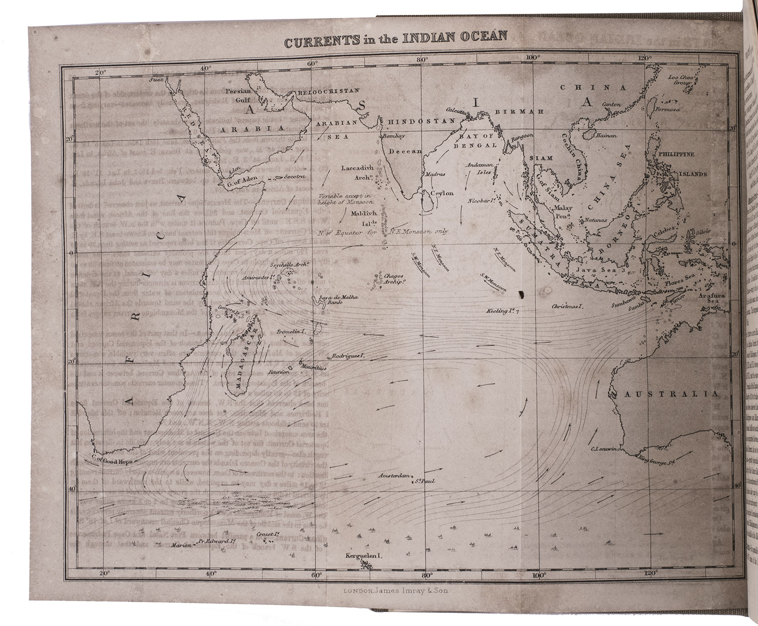 ROSSER, William Henry. - Short notes on the winds, weather, & currents, together with general sailing directions and remarks on making passages; to accompany a chart of the Indian Ocean. With two[=three] illustrations.London, James Imray and son, 1866. 8vo. With 3 folding lithographed charts (the first as frontispiece and the third possibly extra added).  Modern brown cloth, spine with a long vertical leather title-label.