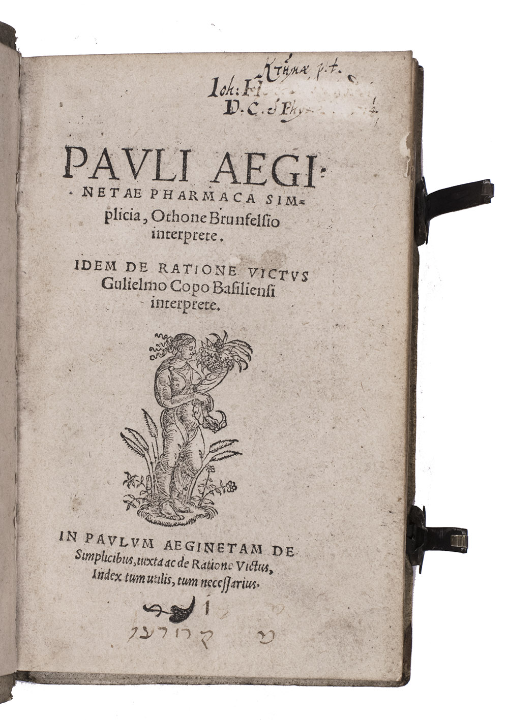 PAULUS OF AEGINA (ed. by Otto BRUNFELS and Wilhelm KOPP). - Pharmaca simplicia, Orthone Brunfelsio interprete.Including: De ratione victus Gukielmo Copo Basiliensi interprete.(Colophon: Strasbourg, Georg Ulricher, September 1531). With a finely executed woodcut on the title-page repeated on the verso of the otherwise blank last leaf.With:(2) VALLA, Giorgio. De simplicium natura liber unus.Strasbourg, Heinrich Sybold, (colophon: August 1528). With the title in a woodcut architectural frame.(3) ODO OF MEUNG (misattributed to Aemilius MACER). De herbarum virtutibus, cum Joannis Atrociani co[m]mentariis, ...Including: STRABO, Walafrid. Hortulus vernantissimus.Freiburg im Breisgau, (colophon: Johann Faber, 1530). (4) MARBOD OF ANJOU (with notes and additions by Georg PICTORIUS). De lapidibus pretiosis encheridion, cum scholiis Pictorii Villingensis. Eiusdem Pictorii De lapide molari carmen.[Freiburg im Breisgau], [Johan Faber], 1531. With a woodcut initial with pictorial decoration. Set in an Aldine-style italic.4 editions containing 6 works, in 1 volume. 8vo (16.5 x 11 cm). Blind -tooled pigskin (Freibrug or vicinity? ca. 1570?) over tapered wooden boards, each board with fields edged by multiple fillets, the outer field containing a frame made from a large roll with allegorical female figures representing the four theological virtues. The front board with owner's initials 