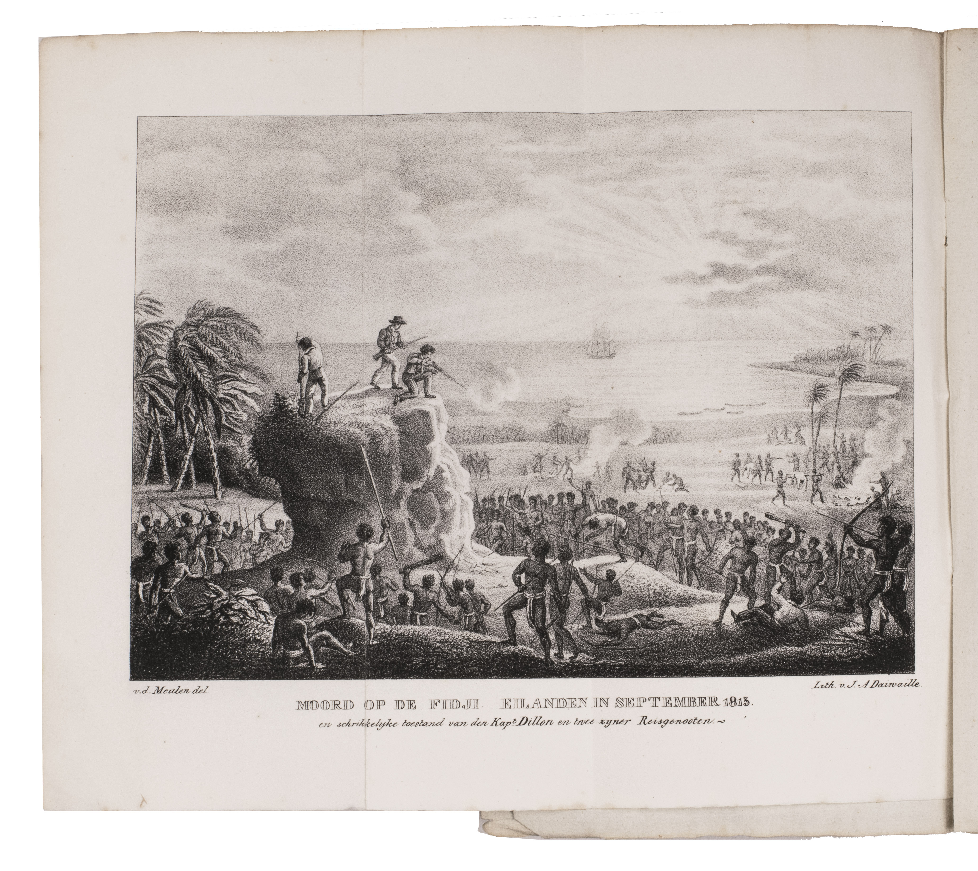 DILLON, Peter. - Reis naar de eilanden der Zuidzee, gedurende de jaren 1827 en 1828, behelzende het verslag der ontdekking van het lot van De la Perouse.Amsterdam, G.J.A. Beijerinck, 1830. 2 volumes. 8vo. With 2 folding lithographed frontispieces and a folding engraved map of Vanikoro. The plates are new for this edition, lithographed by Jean Augustin Daiwaille after designs by (Pieter van der?) Meulen and based on the plates in the English edition. Contemporary stiff sprinkled paper wrappers.