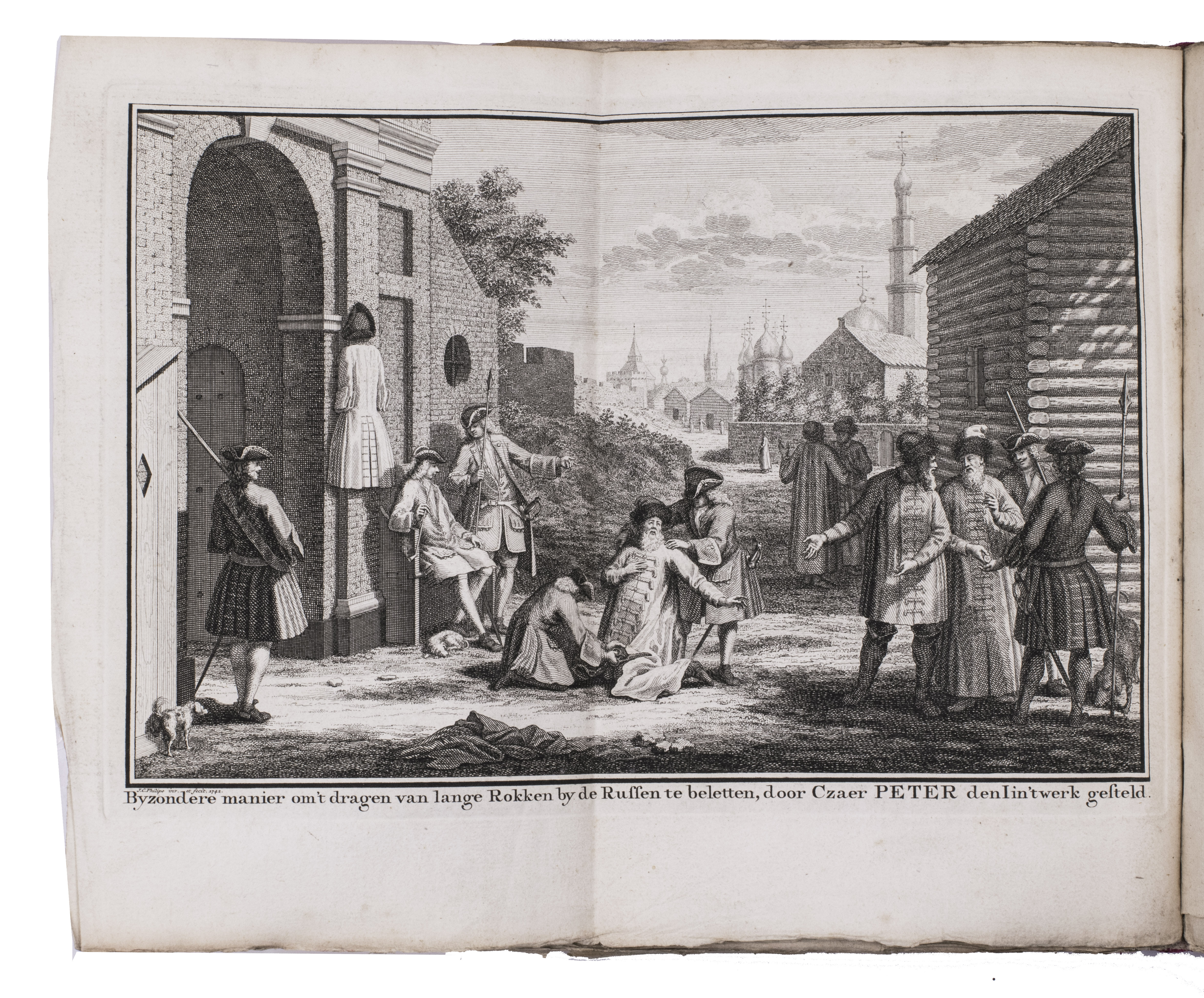 REITZ, Johann Frederik, and others. - Oude en nieuwe staat van't Russische of Moskovische Keizerryk, behelzende eene uitvoerige historie van Rusland en deszelfs groot-vorsten; benevens de beschryvinge van dat uitgestrekte ryk, de zeden en godsdienst der inwoneren: zyne opkomst en voortgang in koophandel, kunsten, land- en zeemacht, oproeren, oorlogen en verdere wisselvalligheden, tot dezen tegenwoordigen tydt toe.Utrecht, Johannes Broedelet, 1744. 4 volumes. 4to. With 4 folding maps, 3 folding plates and a folding letterpress table. Early 19th-century half red sheepskin.