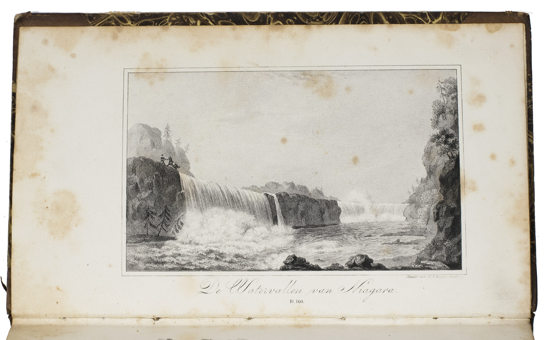STUART, James. (J.M. VERSTEEGH, transl.). - Drie jaren in Noord Amerika.Gorinchem, Jacobus Noorduyn, 1835-1836. 3 volumes. 8vo. With an engraved title-page in each volume, showing indigenous Americans stopping of an execution of two Europeans with a raiding convoy in the background, lithographed by Hilmar Johannes Backer (1804-1845) after a design by Haatje Peters Oosterhuis (1799-1854). Also with a frontispiece showing the Niagara Falls, a lithograph by Hilmar Johannes Backer. Contemporary half calf, brown marbled-paper sides.