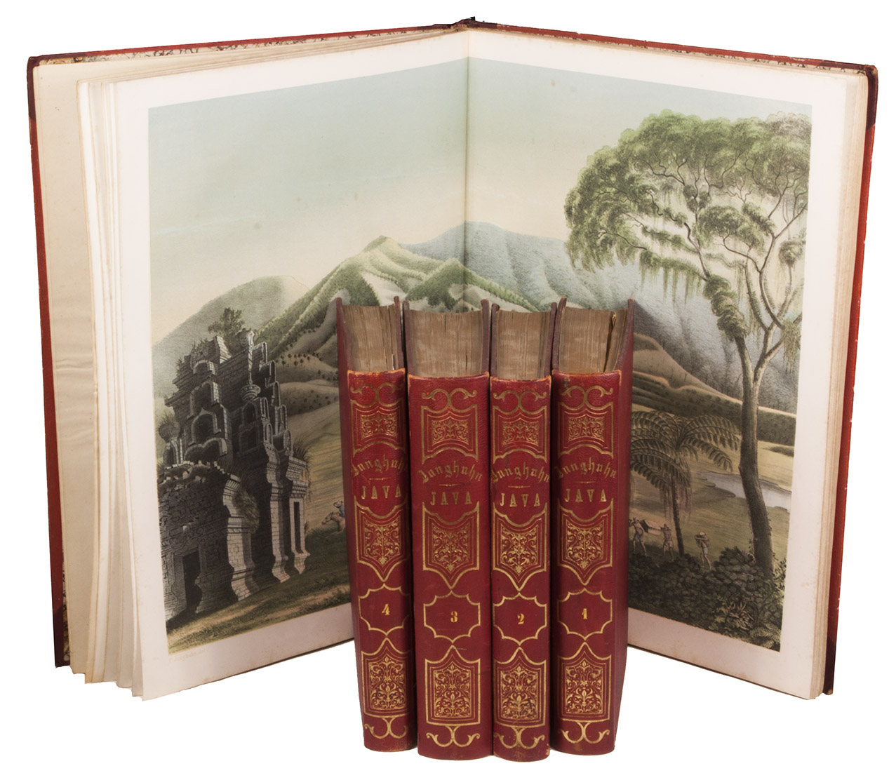 JUNGHUHN, Franz Wilhelm. - Java, zijne gedaante, zijn plantentooi en inwendige bouw. … Tweede verbeterde uitgave.Including: JUNGHUHN, Franz Wilhelm. Atlas van platen, bevattende elf pittoreske gezigten. - Behoorende tot het werk Java, zijne gedaante, zijn plantentooi en inwendige bouw.Den Haag, C.W. Mieling, 1853-1854. 4 text volumes and 1 plates volume. Large 8vo (26 x 17.5 cm: text volumes 1-4) and large folio (44 x 31.5 cm: plates volume). Each text volume with a lithographic title-page, vol. 1 with the text blue on white and vols. 2-4 with the text white on buff; the plates volume with a double-page letterpress title-page. Further with 12 double-page chromolithographed or double-tinted lithographed views: 1 as frontispiece to vol. 1 and 11 (43 x 58 cm; image 31 x 43 cm to 38 x 54 cm, 5 numbered VII, VIII, X, XI & XV) in the atlas volume; most in black, buff and blue and at least most drawn by Junghuhn and lithographed by Mieling (all but the frontispiece signed by the latter), and 51 black and white lithographic plates (45 folding) with topographic maps, views, cross-sections, etc. Contemporary half red sheepskin(?), (text vols.) and goatskin morocco (atlas vol.), gold-tooled spines. Bound by Hendrik Willem Ywema (1828-1905) in Utrecht.