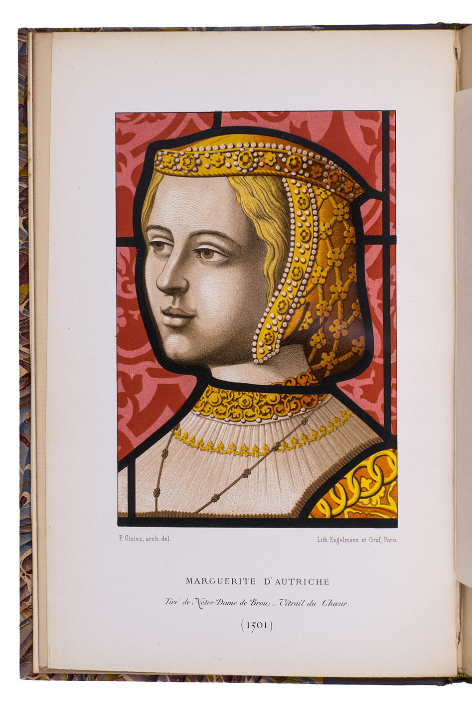 CHARLES VIII, King of France, [compiled by Emmanuel Victor POURROY de lAubrivire, Comte de QUINSONAS]. - Comptes de la venerie et fauconnerie du Roi Charles VIII. ... 1485-1486.Lyon, printed by Louis Perrin [for the compiler], 1860. 8vo (24 x 16 cm). With the title-page in red and black with the coat of arms of the compiler, 4 chromolithographed plates showing 3 stained-glass portraits and an architectural elevation, all drawn by P. Giniz and lithographed in Paris by Engelmann & Graf, 2 double-page etched views drawn by J. de Montchalin & Le Bon de Maupetit and engraved by J. M. Fugre, and a lithographic facsimile of a letter written and signed by Margaret of Austria. Half grey-brown cloth (ca. 1900?), top edge gilt, with the publisher's printed paper wrappers bound in.