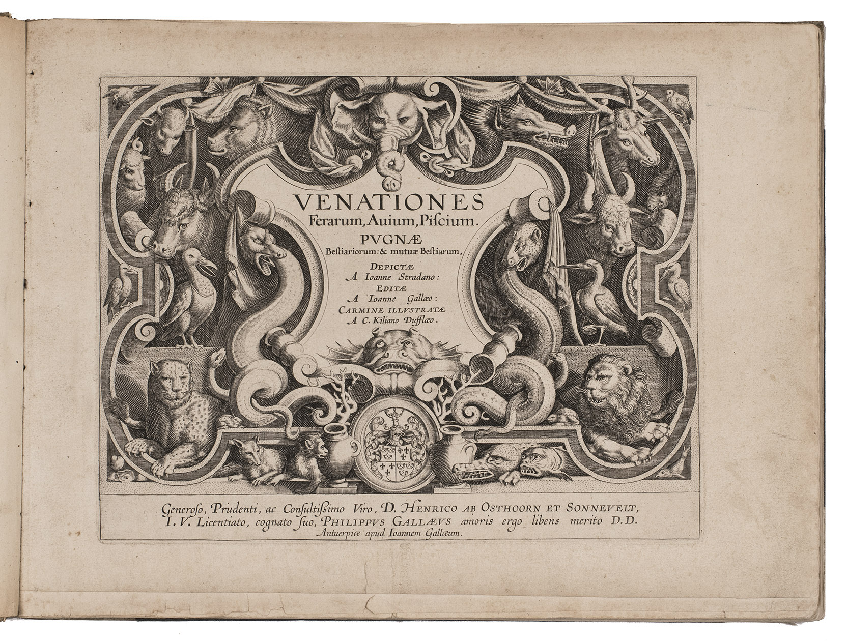 STRADANUS, Johannes (Jan van der STRAET). - Venationes ferarum, avium, piscium. Pugnae bestiariorum: & mutuae bestiarum, ...Antwerp, Johannes Galle, ca. 1665/75 [engraved 1578-ca. 1596/1612]. Oblong 1mo (26.5 x 36 cm). With an engraved title-print and 104 numbered engraved prints (plate size 21.5 x 29.5 cm; image size 20.5 x 29.5 cm), each with a verse caption in 2 columns in the foot of the plate (mostly 4 lines, occasionally 2 lines). Half parchment (ca. 1880?).