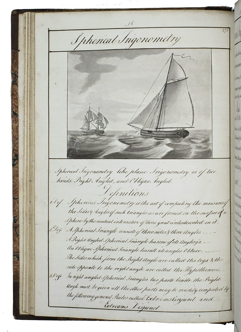 SOTHEBY, Charles. - [engraved title-page:] A plan of mathematical learning taught in the Royal Academy Portsmouth performed by [in pencil: Charles Sotheby] a student there.[Portsmouth],  177  [rect 1795-1798]. 2 volumes. Imperial 4to (37.5 x 27 cm). Manuscript school exercises with a pre-printed engraved title-page with a blank space for the student to add his name, with 4 full-page and 1 larger folding nautical charts (some partly in colour), 7 full-page fortification plans (in black ink with 1 to 3 colours), 4 full-page astronomical diagrams (2 also with yellow), a full-page compass rose, 23 pen and ink wash views in the text (9 x 15 cm to 12.5 x 22 cm, 1 also with blue washes), and numerous other diagrams (including maps in the surveying section) and some illustrations in the text. Near contemporary (ca. 1803) blind- and gold-tooled half calf, blue sprinkled edges.