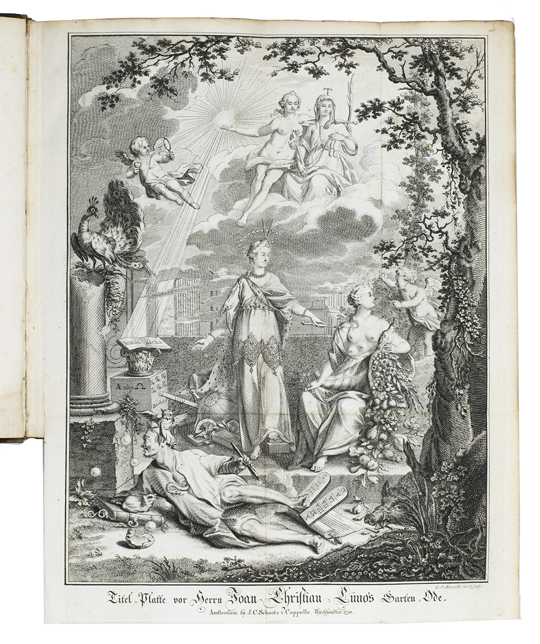 CUNO, Johann Christian, David Sigmund BTTNER and Friedrich WAGNER (transl.) - Ode uber seinen Garten: Nachmahls Besser. Amsterdam, Jacob Cornelis Schoots van Cappelle, 1750. 8vo. With a folding engraved allegorical title-plate, an engraved printers device on the title-page, an elaborate engraved coat-of-arms on the dedication page and 11 engraved plates (1 folding). Further numerous woodcut allegorical capitals. Contemporary calf.