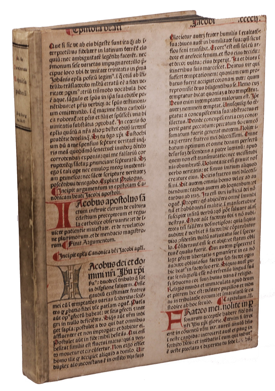 TORQUEMADA, Juan de (Johannes de TURRECREMATA). - [Expositio super toto psalterio, incipit:] Ad sanctissimum ac beatissimum dominum dominum Pium Secundum Pontificem Maximum editio in librum psalmorum quem alii soliloquium dicunt incipit feliciter  [colophon:] Explanatio in psalterium (Colophon: Augsburg, printed by Johann Schssler), [1470/71]. Folio (30 x 22 cm). Set in a single type, largely a rotunda gothic but with some roman influences with 35 lines per page, with about 150 manuscript 