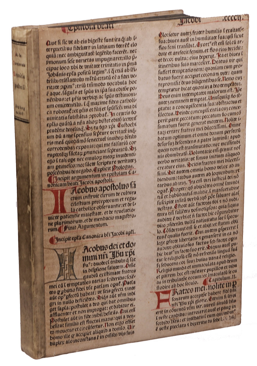 TORQUEMADA, Juan de (Johannes de TURRECREMATA). - [Expositio super toto psalterio, incipit:] Ad sanctissimum ac beatissimum dominum dominum Pium Secundum Pontificem Maximum editio in librum psalmorum quem alii soliloquium dicunt incipit feliciter  [colophon:] Explanatio in psalterium (Colophon:) Augsburg, printed by Johann Schssler, [1470/71]. Folio (30 x 22 cm). Set in a single type, largely a rotunda gothic but with some roman influences with 35 lines per page, with about 150 manuscript 