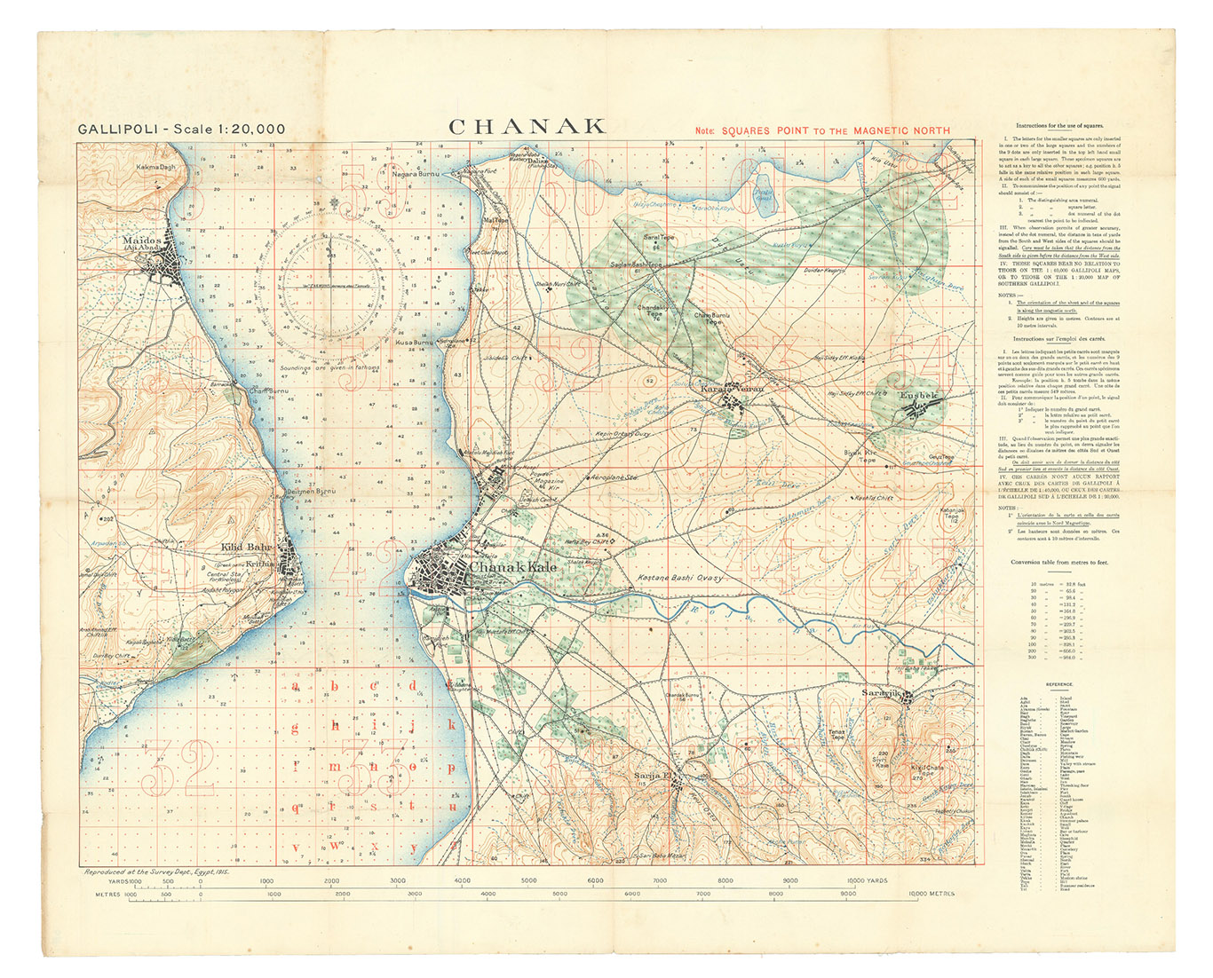 INTELLIGENCE OFFICE [ARAB BUREAU], CAIRO. - Chanak.Cairo, Survey Department Egypt, 1915 Colour-lithographed map (79 x 62.5 cm), printed in black, brown, red, blue and green. Mounted on contemporary cloth, with the key on the back (printed on or printed and pasted onto). Folded.
