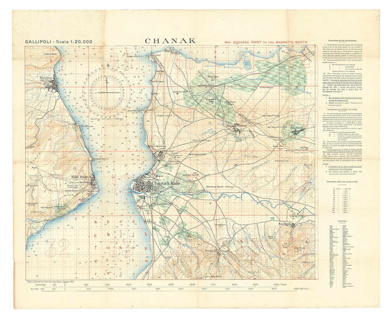 [INTELLIGENCE OFFICE - ARAB BUREAU - CAIRO]. - Chanak.Cairo, Survey Department Egypt, 1915 Colour-lithographed map (79 x 62.5 cm), printed in black, brown, red, blue and green. Mounted on contemporary cloth, with the key on the back (printed on or printed and pasted onto). Folded.