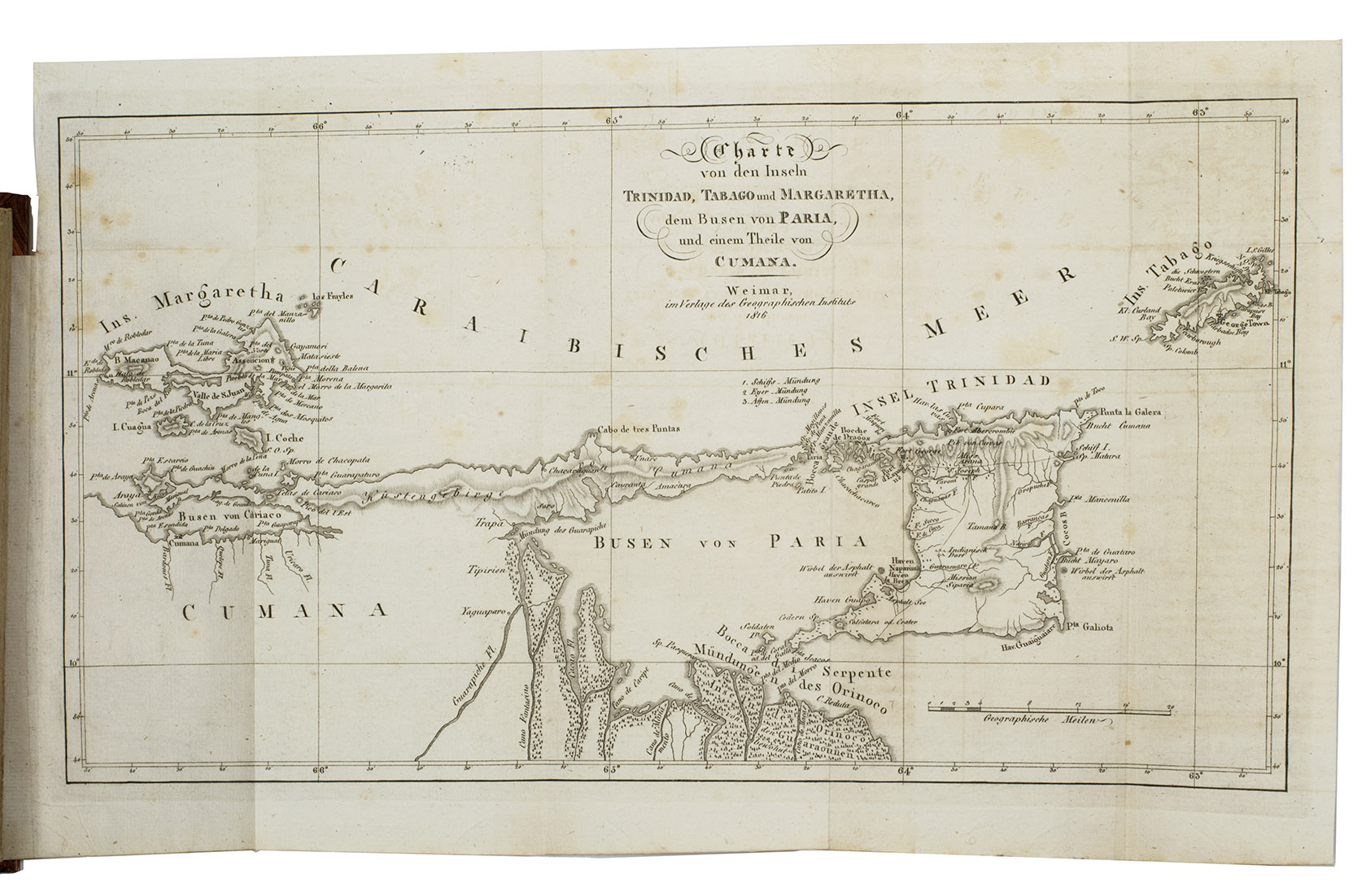 DAUXION-LAVAYSSE, Jean-Franois. - Reise nach den Inseln Trinidad, Tabago und Margaretha, so wie in verschiedene Theile von Venezuela. Aus dem Franzsischen.Weimar, Landes-Industrie-Comptoirs, 1816. 8vo. with a large folding engraved map (23.5 x 41.5 cm). Modern black half sheepskin, marbled sides, with black labels on spine.
