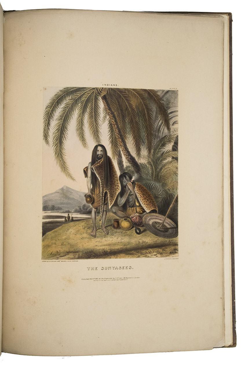 [INDIA]. TAYLER, William. - Sketches illustrating the manners and customs of the Indians and Anglo Indians.London, Thomas McLean, 1842.  Large folio (54,5 x 37,5 cm.). With 6 hand coloured lithograph plates and a lithographed title. Contemporary half calf with cloth sides, gold tooled title on front cover.