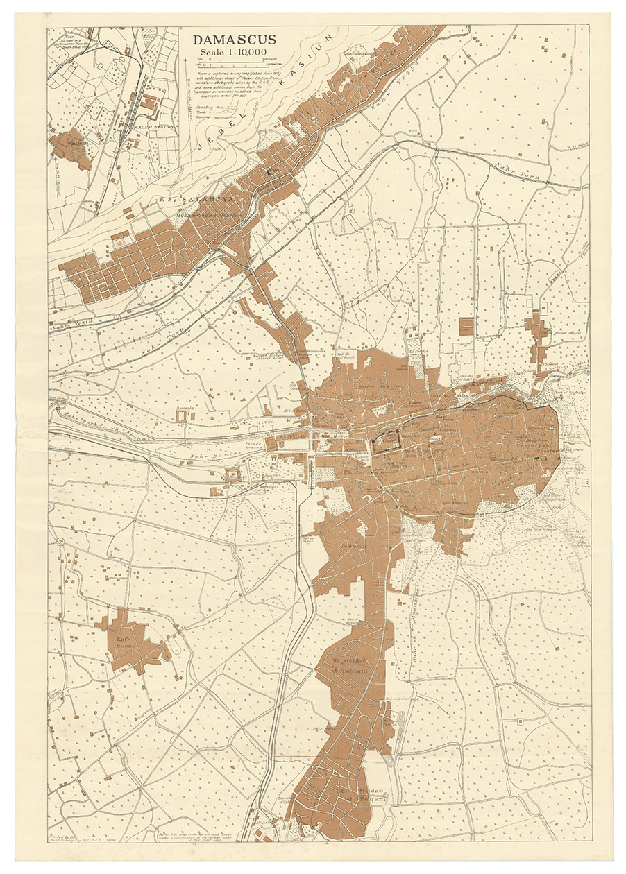 [SYRIA - EGYPTIAN EXPEDITIONARY FORCE]. - Damascus.[Damascus?], Field Survey Co[mpan]y. R.E., E.E.F., 7 October 1918. Map of Damascus (73.5 x 51 cm) printed in black and tan, on a scale of 1:10,000.