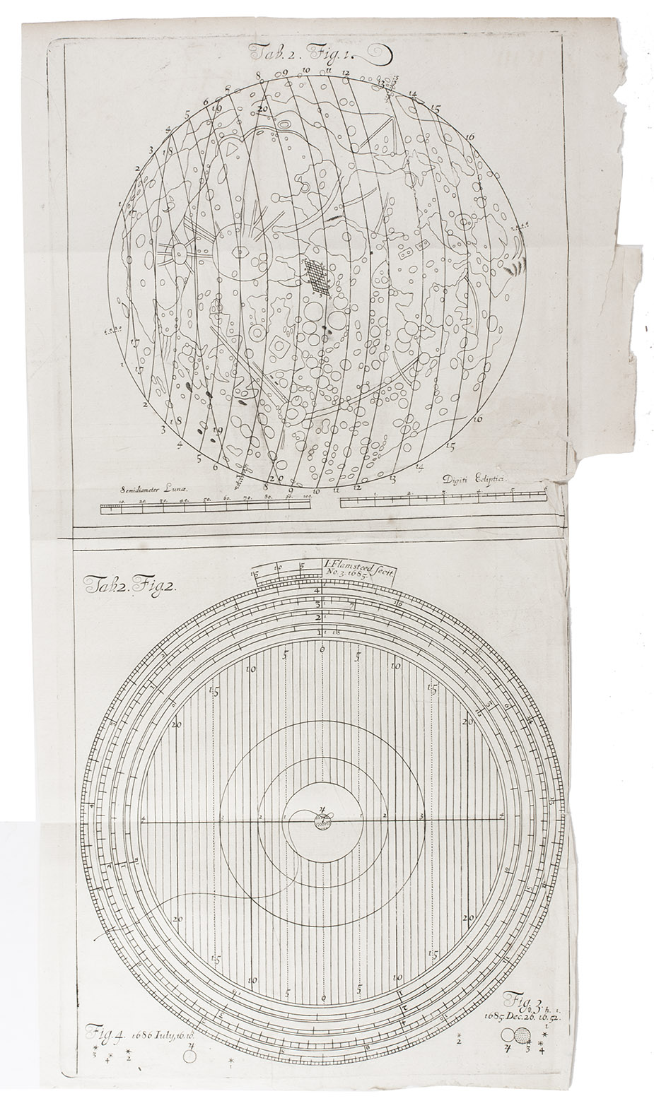 FLAMSTEED, John. - Observationes defectus lunaris Grenovici habit in observatorio regio februarii 11/21 1682. p.m. [London, 1683]. From Philosophical Transactions, vol. 13, pp. 89-92. With: (2) FLAMSTEED, John. An abstract of a letter from Mr. J. Flamsteed, ... giving an account of the eclipses of [Jupiter]s satellits, anno 1686; and containing a table of the parallaxes of [Jupiter]s orb, and an ephemeris of [Jupiter]s geocentric places for the same year. [London, 1685]. From Philosophical Transactions, vol. 15, pp. 1215-1230.(3) FLAMSTEED, John. An abstract of a letter from Mr J. Flamsteed. ... giving the description & uses of an instrument for finding the distances of [Jupiter]s satellits from his Axis, with the help of the table of parallaxes and catalogue of eclipses; printed in the preceding Transactions. [London, 1685]. From Philosophical Transactions, vol. 15, pp. 1262-1265. With an engraved astronomical instrument for calculating the positions of Jupiter's moons. 3 parts. 4to. Disbound.
