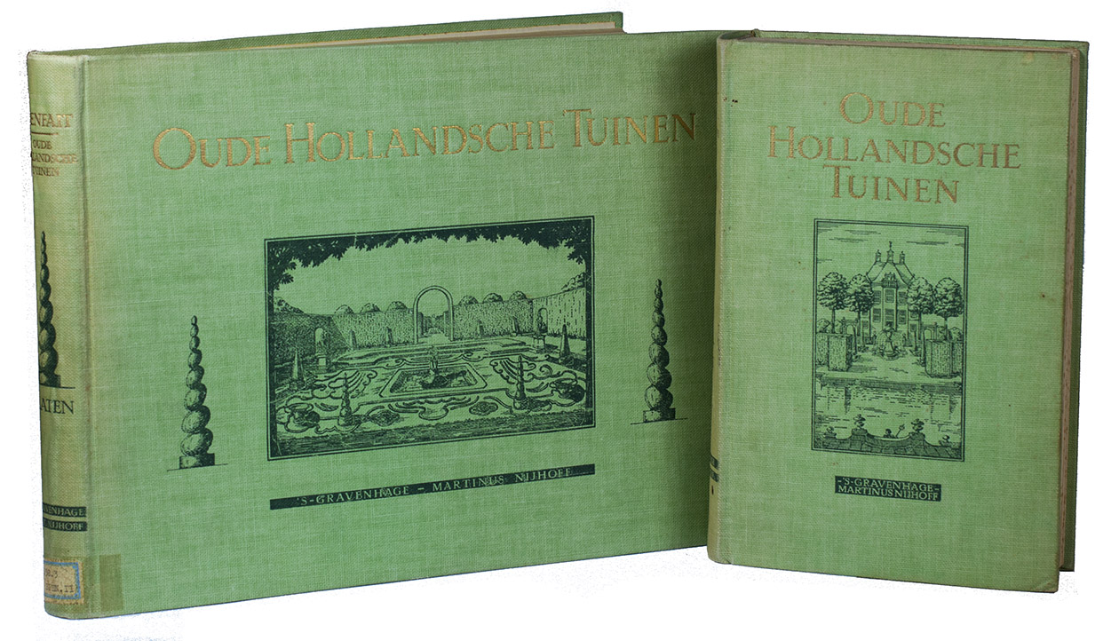 BIENFAIT, Anna G. - Oude Hollandsche tuinen... Met medewerking van Marg. Kossmann en een voorwoord van Prof.dr. J.Q. van Regteren Altena.The Hague, M. Nijhoff, 1943. Text (8vo) and atlas (obling folio) volume. With the title-pages printed in green and black, 3 plates and 4 illustrations in text; atlas with 317 plates showing 372 illustrations. Original publisher's decorated green cloth.