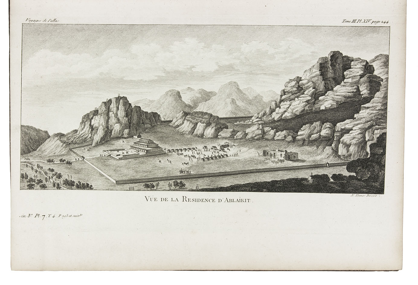 PALLAS, Peter Simon. - Voyages du professeur Pallas, dans plusieurs provinces de l'empire de Russie et dans l'Asie septentrionale; Traduits de l'allemand par le C. Gauthier de la Peyronie. Nouvelle dition, Revue et enrichie de Notes par CC. Lamarck ... et Langls...Paris, Maradan, an II [1794]. 8 text-volumes and 1 atlas-volume. 8vo (text) and large 4to (atlas). With 8 title-pages and 8 half-titles, 108 engraved plates and maps, of which 22 folding and 2 double-page. Uniform contemporary mottled calf, richly gold-tooled spines.